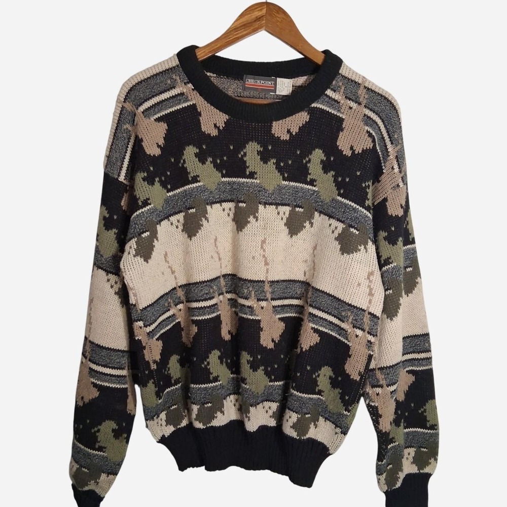 Vintage 90s Check Point Camo Knit Sweater with beige, black, and olive green
